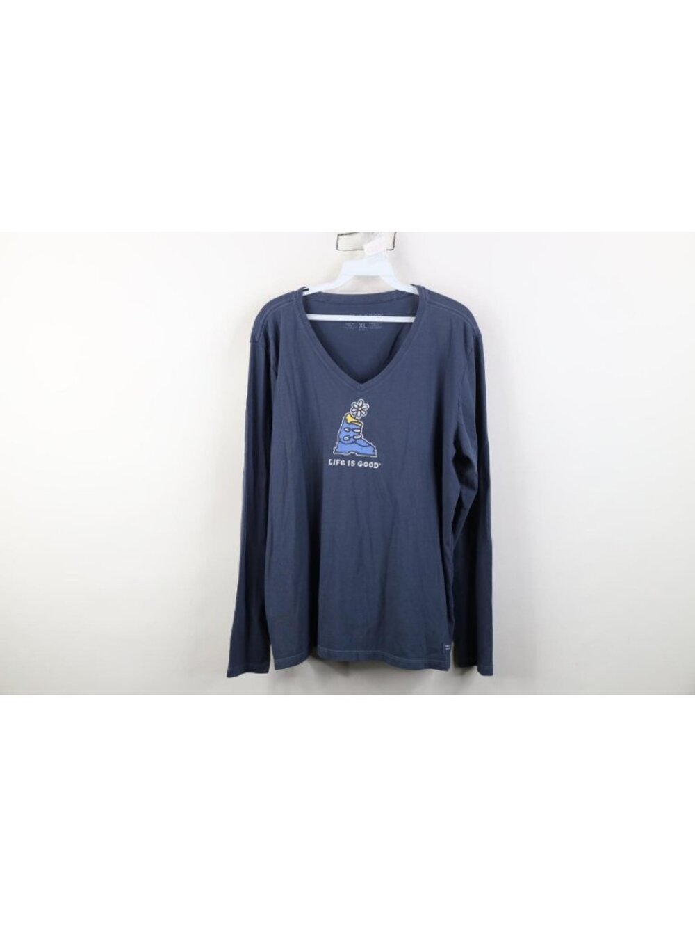Life Is Good Womens XL Spell Out Ski Boot Flower Long Sleeve T-Shirt Blue Cotton